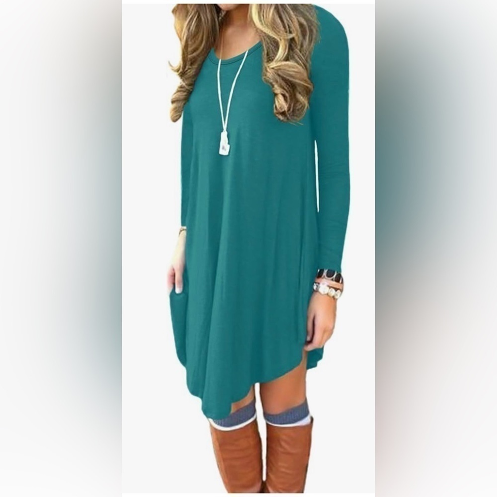 Dearcase‎ Womens Teal Blue Long Sleeve Swing Tunic Dress with Pockets Size M NWT
